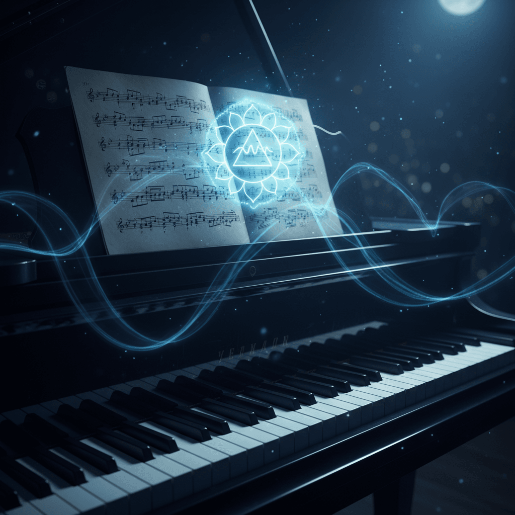 Piano keys and sheet music in dramatic blue light