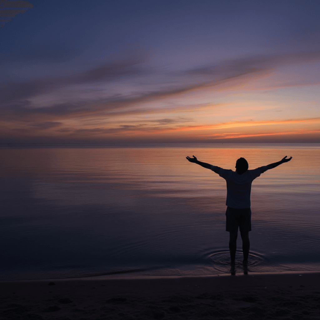 Calm ocean at twilight with deep violet sky and still water, emotional release and liberation, grounding and free