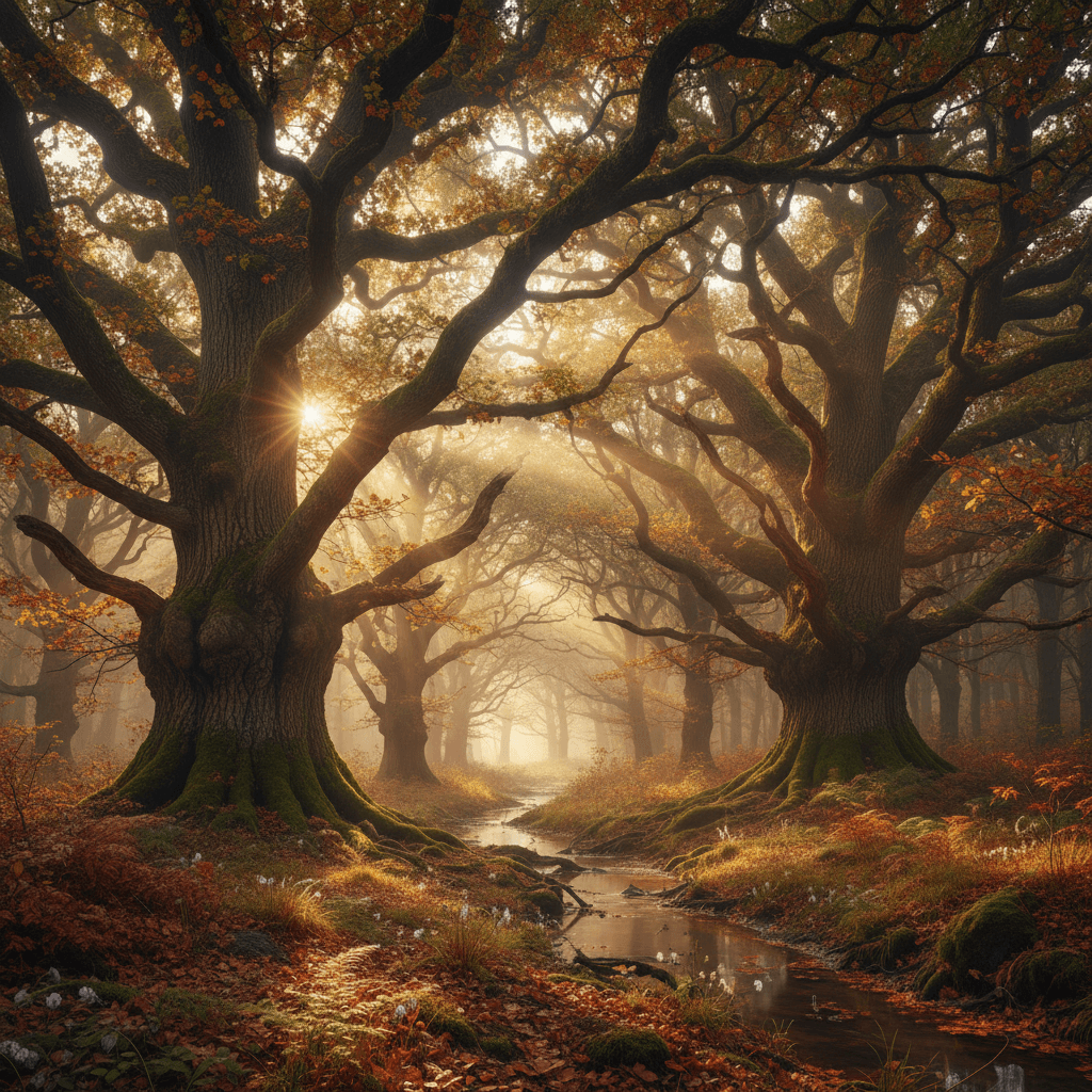 Golden sunlight streaming through an ancient forest canopy