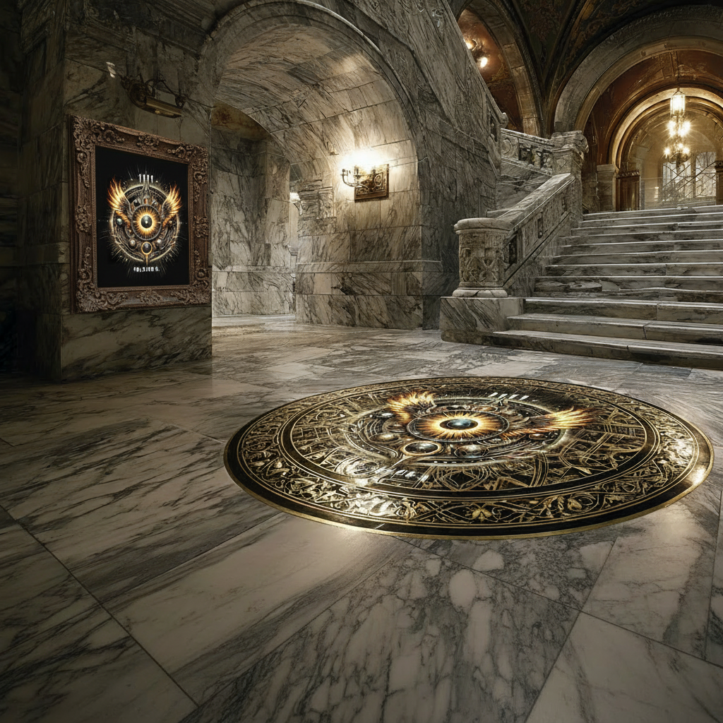 A marble hall with a symbolic floor piece and gallery atmosphere