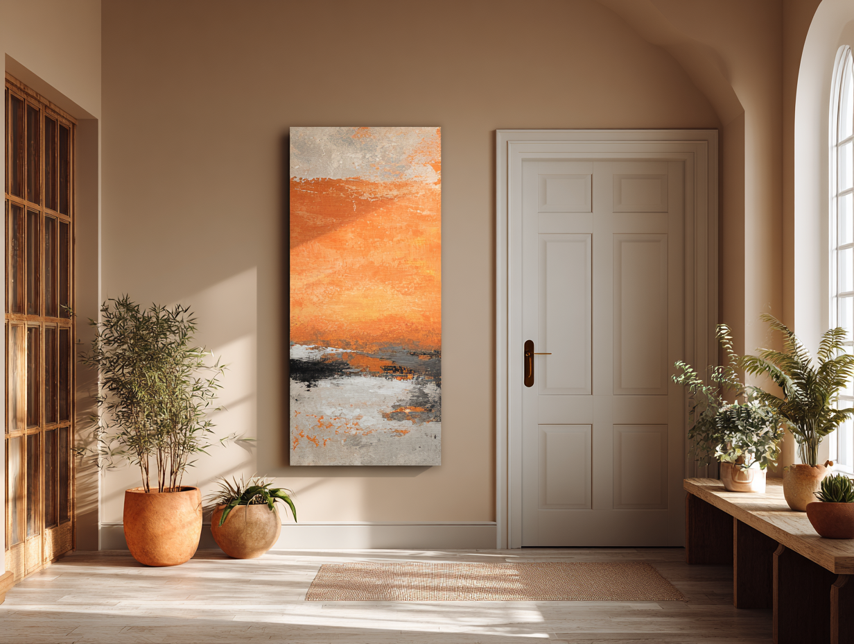 A warm entryway with a large abstract artwork, natural light, plants, and calm architectural details.