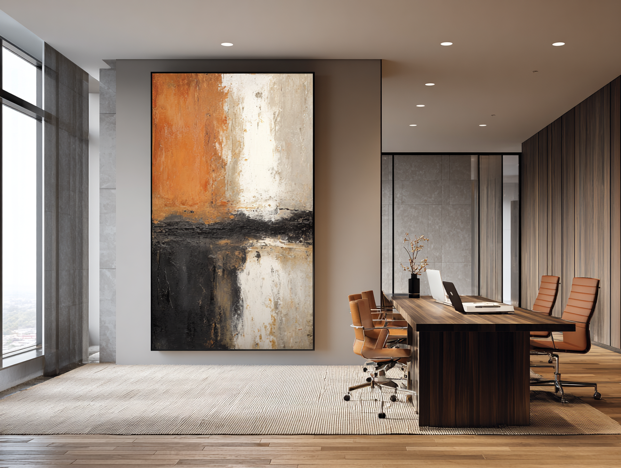 A modern executive office with a large abstract artwork behind a desk.