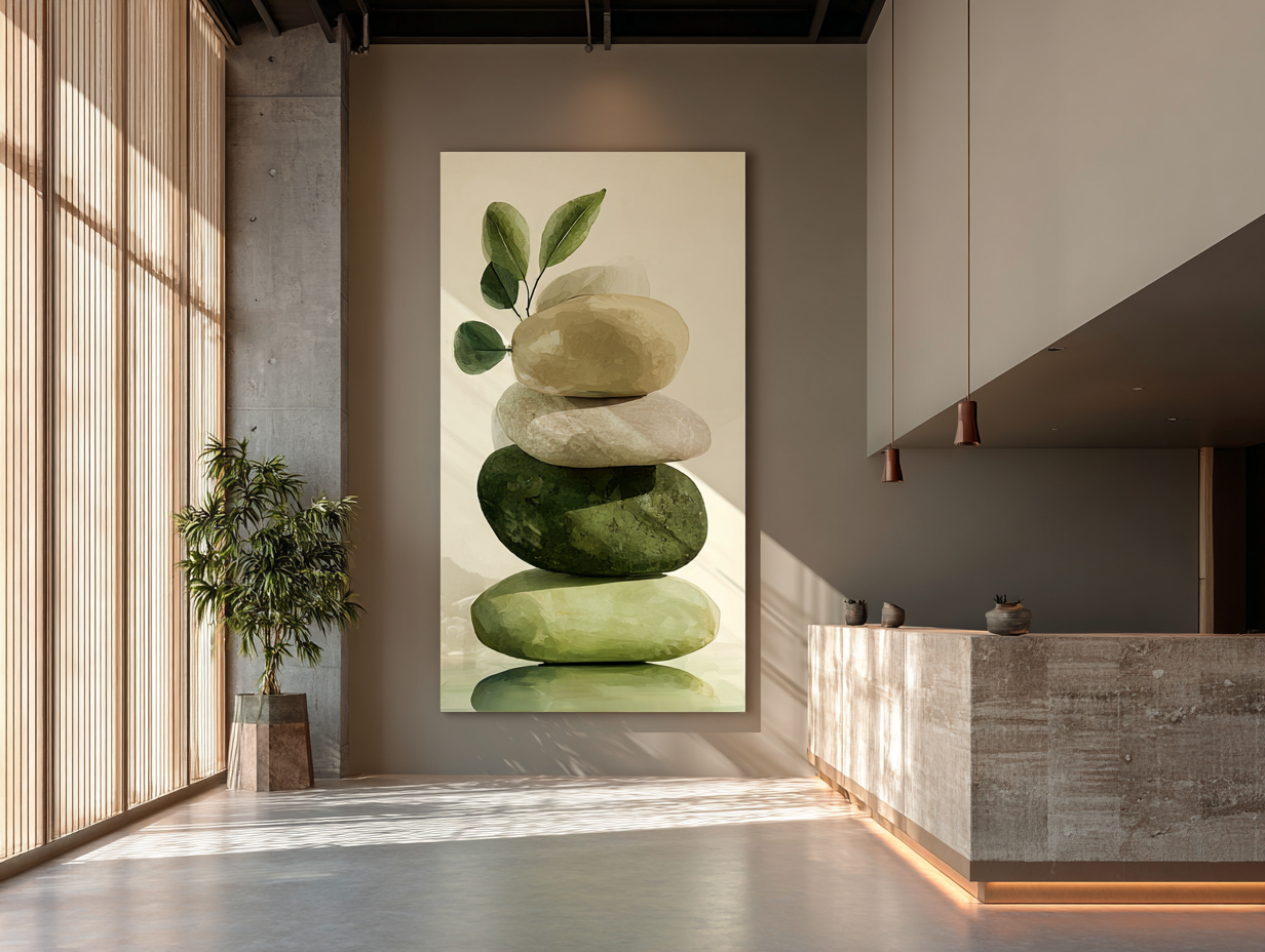 A calm spa reception room with a vertical botanical artwork and warm architectural lighting.