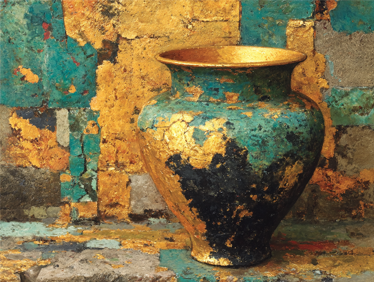 A richly textured blue and gold vessel set against a distressed turquoise and golden background.