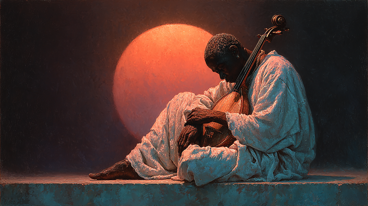 A musician sits in a dimly lit space playing a stringed instrument in warm red and orange light.