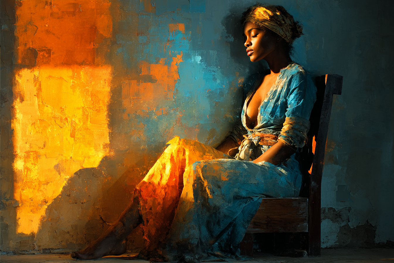 A richly colored oil portrait of a seated figure surrounded by blue, gold, and warm orange tones.