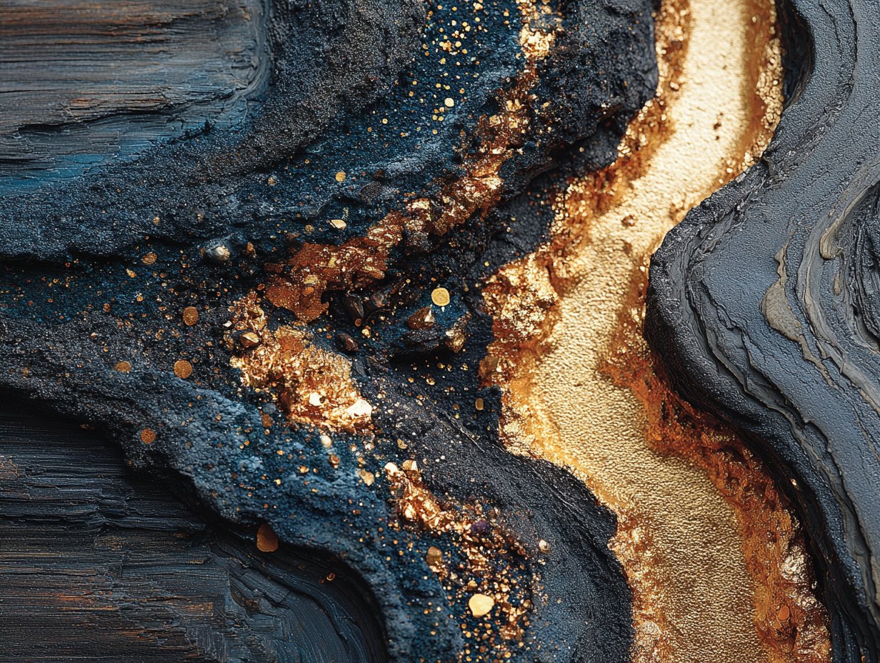Dark black, bronze, and gold abstract current with mineral texture