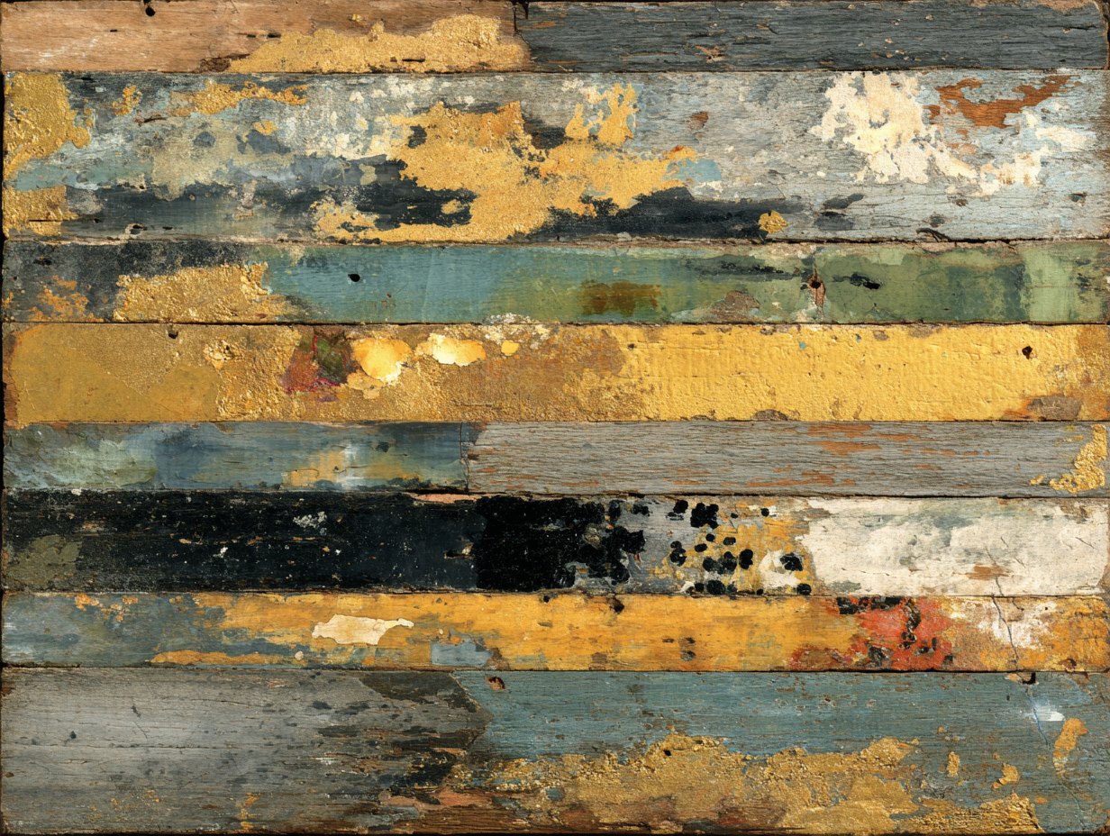 Horizontal abstract bands of blue, gold, beige, and charcoal