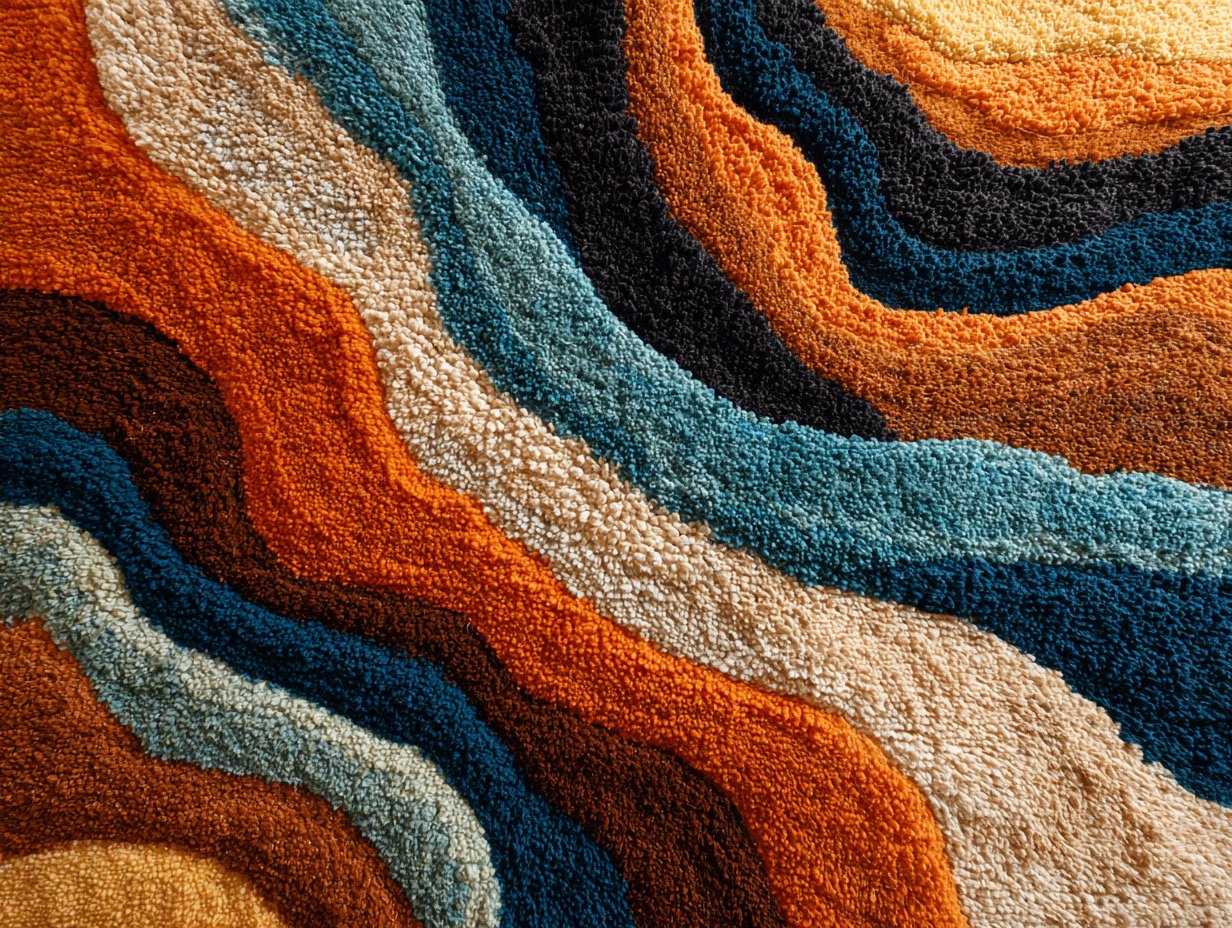 Textile-inspired abstract with warm earth, cream, blue, and black currents