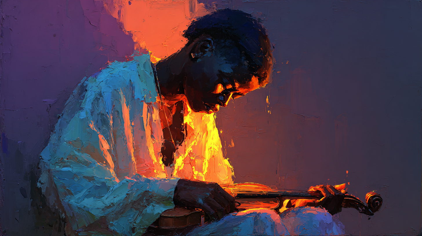 Original artwork of a lone Black musician playing a stringed instrument in warm light.