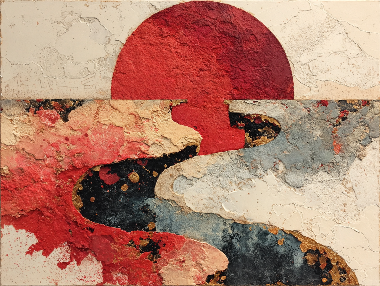 Abstract original artwork with a dominant red circle over distressed red and blue textures.