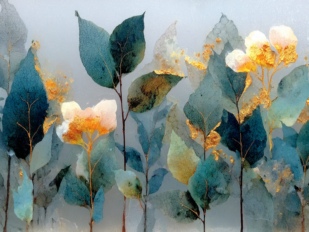 Vertical full-bleed original artwork with deep teal foliage and shimmering gold leaves.