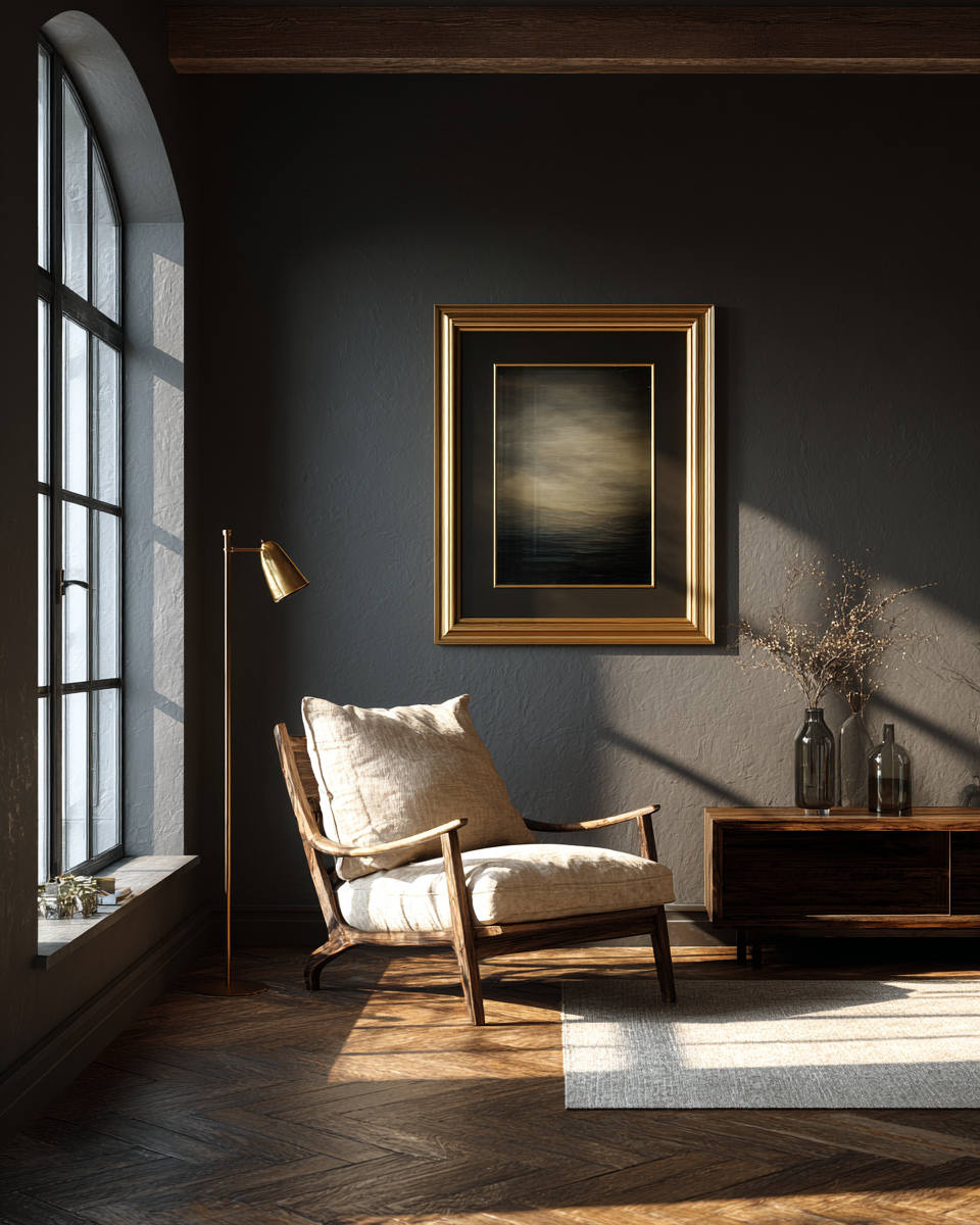 A warmly lit interior space featuring natural light streaming through an arched window and rich wooden accents.