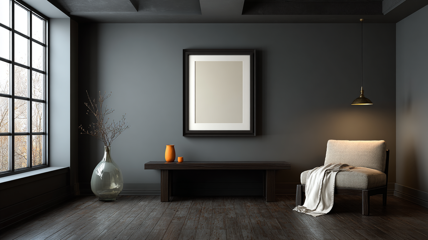 A modern and luxurious living space featuring dark walls, wooden floors, and minimalist decor.