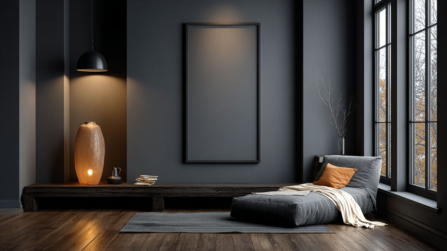 A modern, dimly lit living space features dark tones, wooden floors, and minimalist decor.