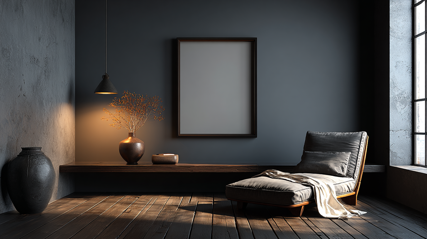 A dimly lit modern room features a wooden floor, minimalist furniture, and framed art, creating a sophisticated and calm atmosphere.