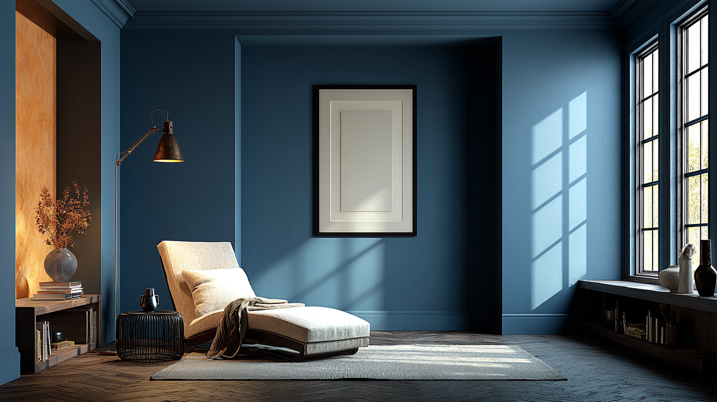 A cozy and elegant room with a deep blue accent wall, featuring comfortable seating and natural light.