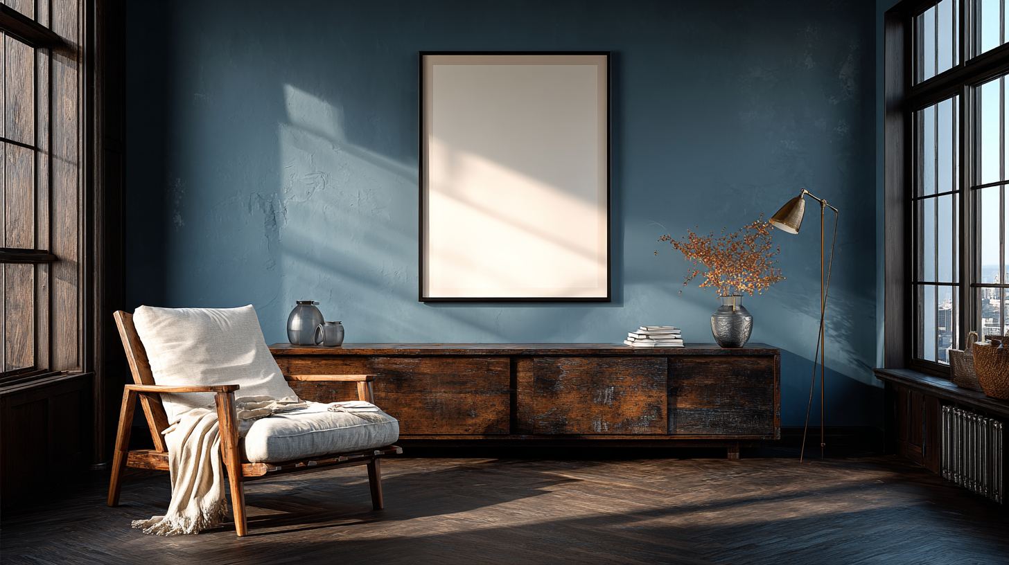 A warm and minimalist living space with dark blue walls, wooden furniture, and natural light.