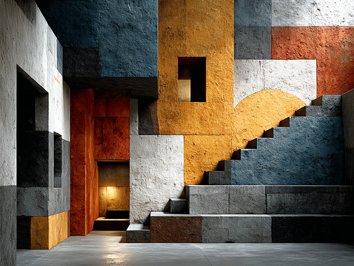 A striking architectural interior featuring a bold composition of textured geometric forms and warm earthy tones.