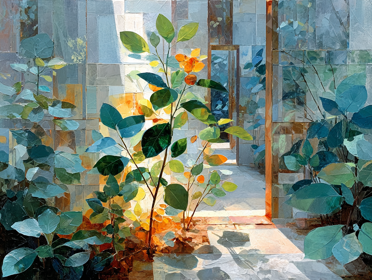An interior shot showing lush green plants and warm light through glass panels in a modern architectural space.