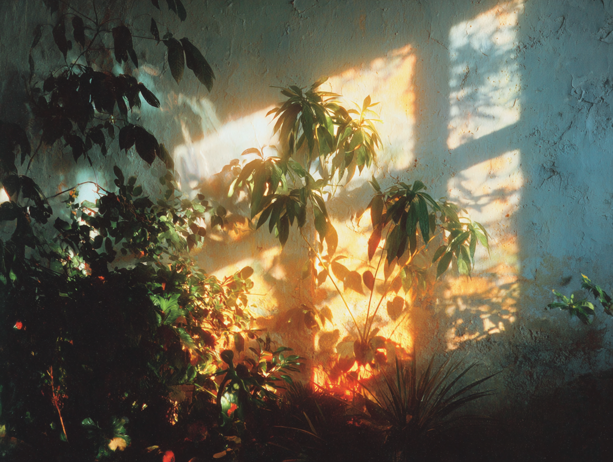 A warm, sunlit interior scene with lush indoor plants casting strong shadows on a textured wall.