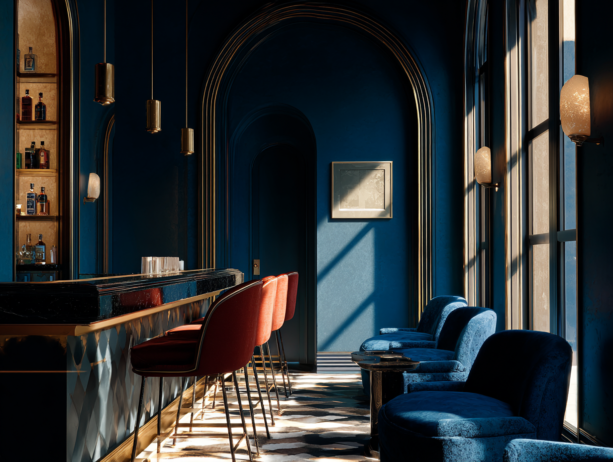 A luxurious and warmly lit interior space featuring deep blue walls, arched doorways, and elegant furnishings.