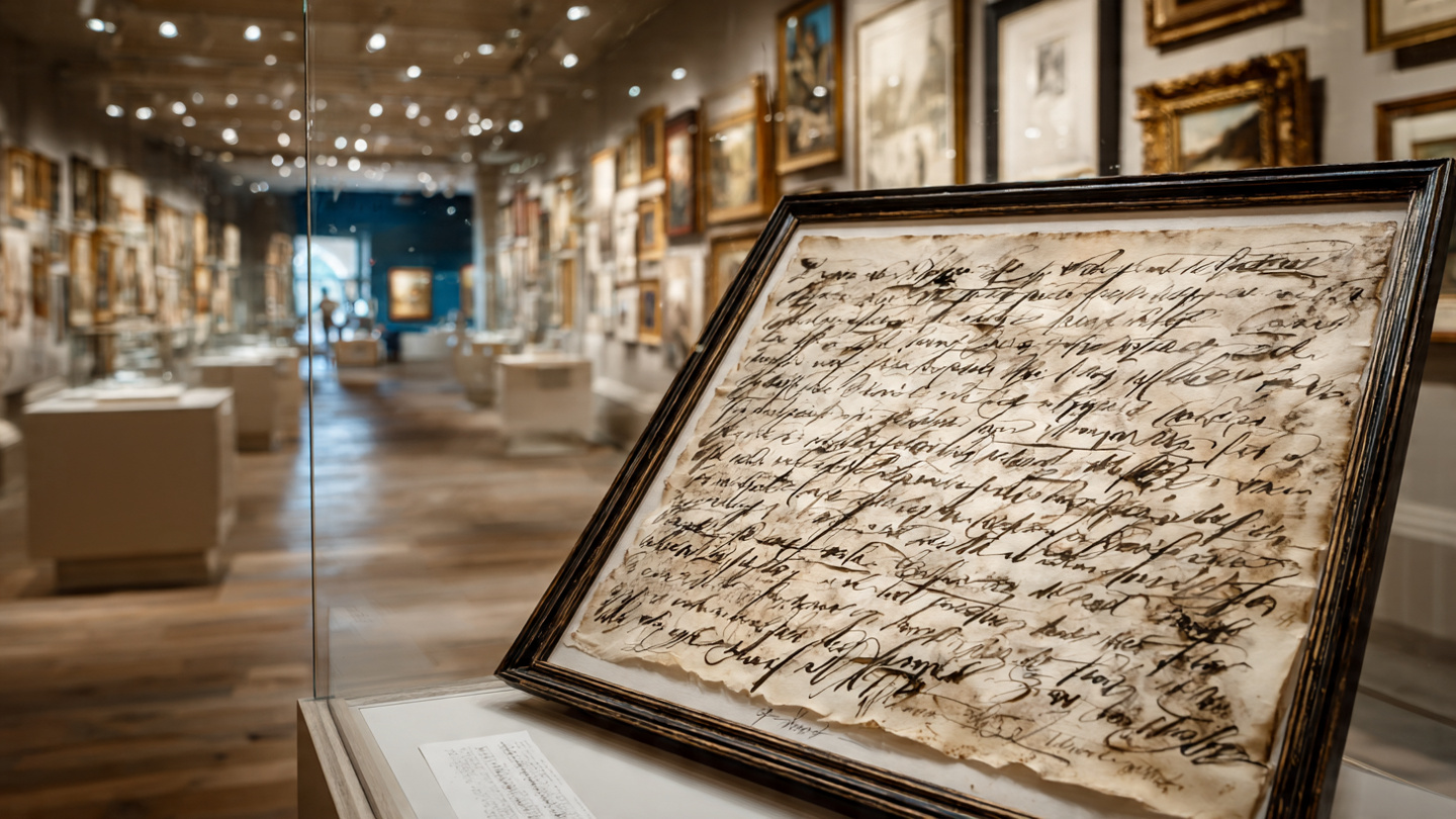 Framed handwritten page in a gallery setting